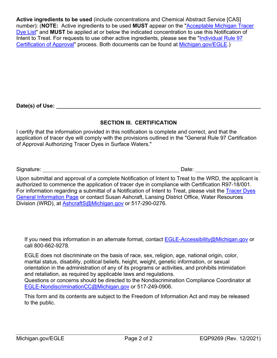 Form EQP9269 Notification of Intent to Treat - General Rule 97 Certification of Approval Authorizing Tracer Dyes in Surface Waters - Michigan, Page 2