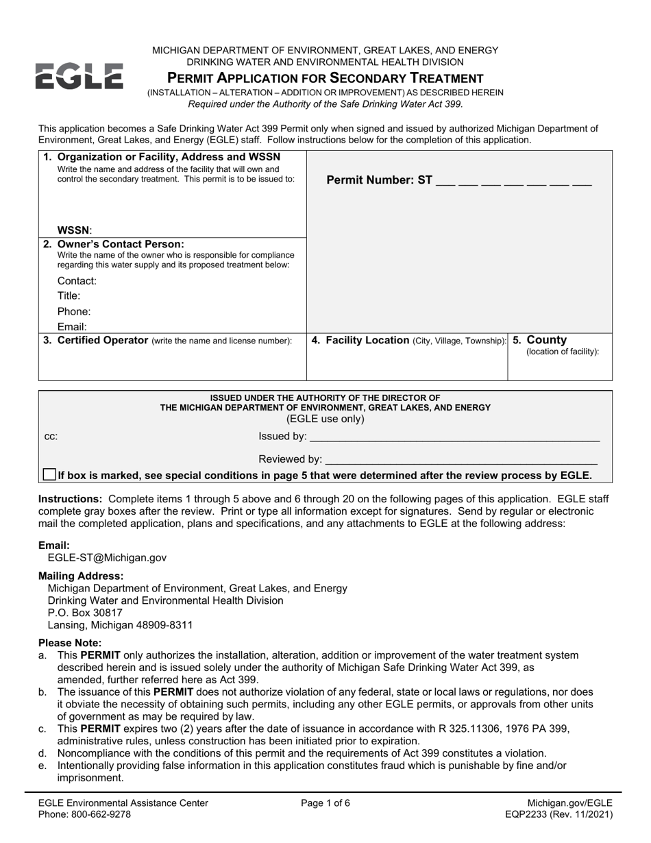 Form EQP2233 Permit Application for Secondary Treatment - Michigan, Page 1
