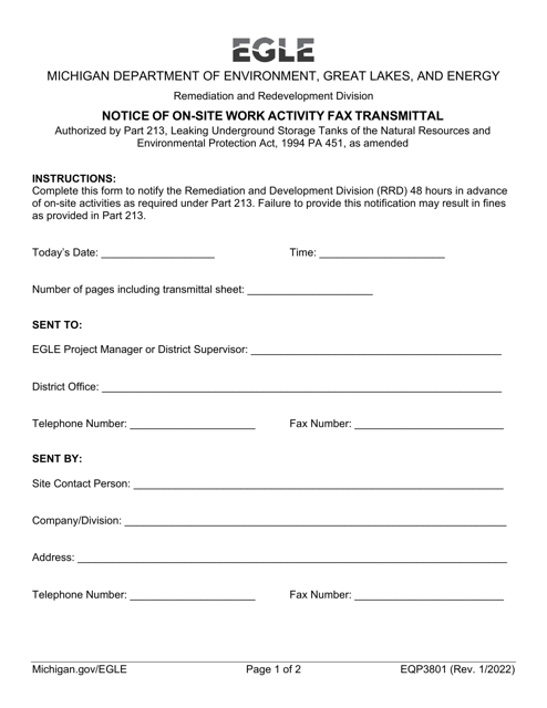 Form EQP3801 Notice of on-Site Work Activity Fax Transmittal - Michigan