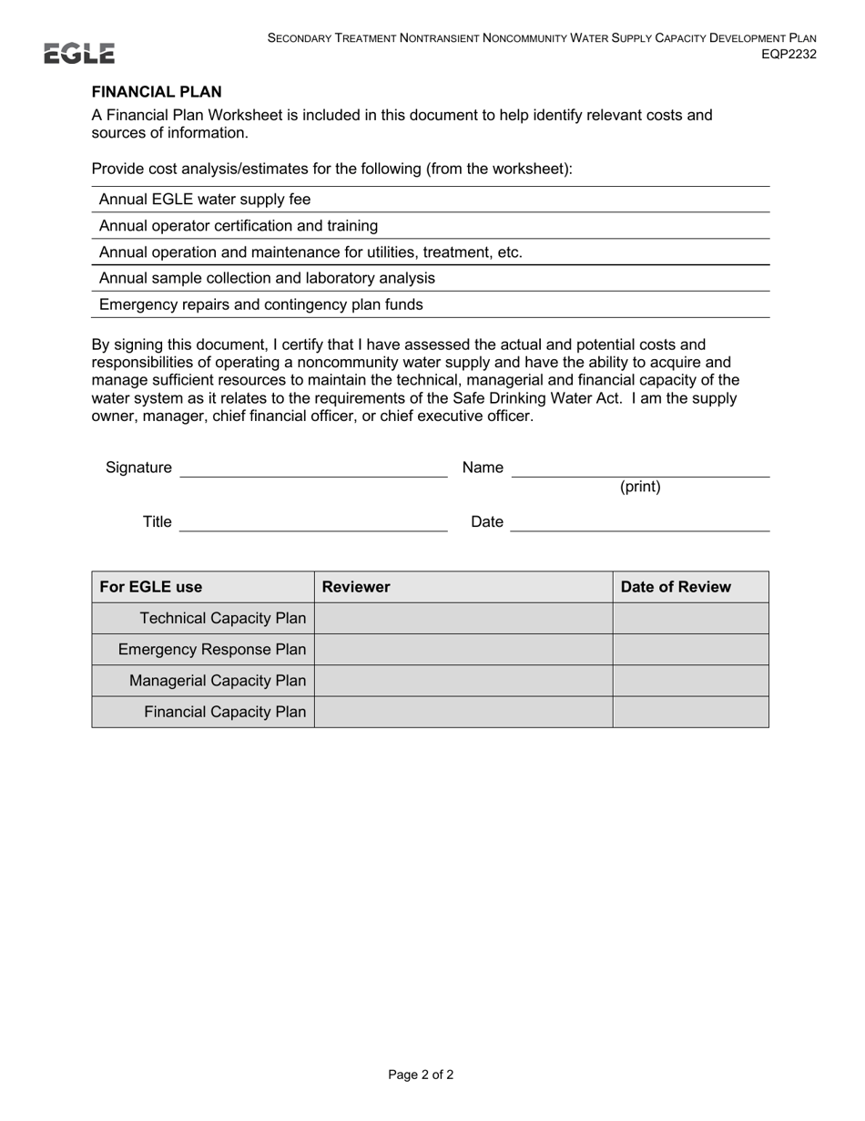 Form EQP2232 Secondary Treatment Nontransient Noncommunity Water Supply Capacity Development Plan - Michigan, Page 2