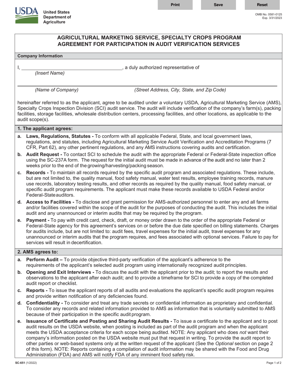 Form SC-651 Agreement for Participation in Audit Verification Services - Agricultural Marketing Service, Specialty Crops Program, Page 1