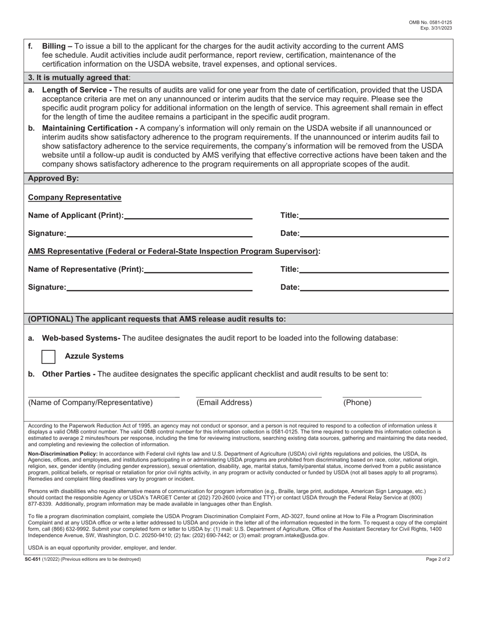 Form SC-651 Agreement for Participation in Audit Verification Services - Agricultural Marketing Service, Specialty Crops Program, Page 2