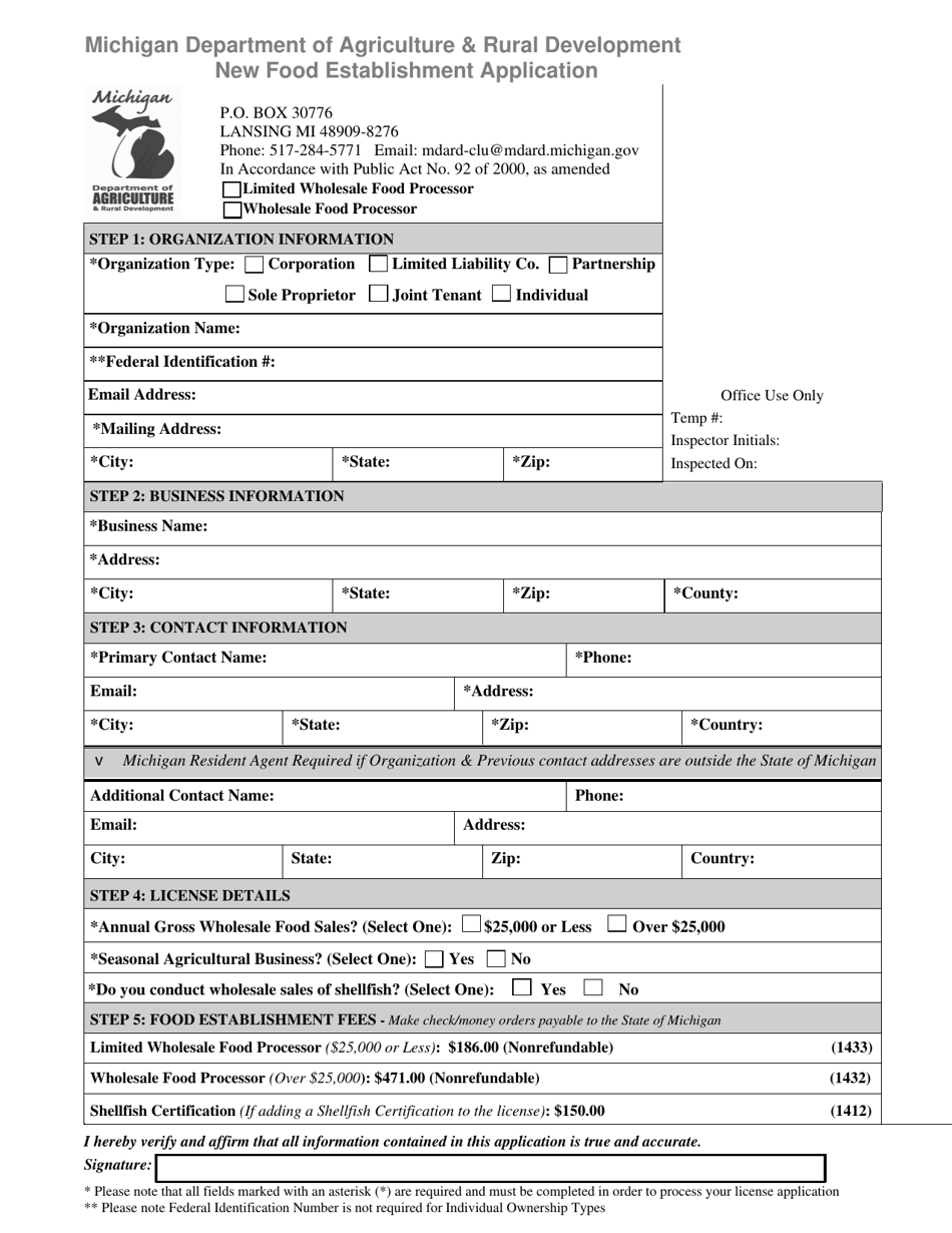New Food Establishment Application - Limited Wholesale Food Processor / Wholesale Food Processor - Michigan, Page 1