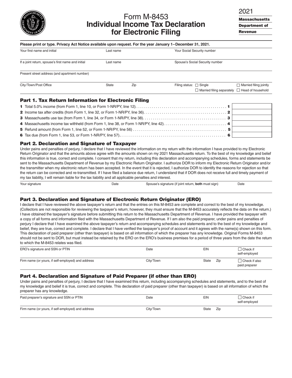 Form M-8453 Individual Income Tax Declaration for Electronic Filing - Massachusetts, Page 1