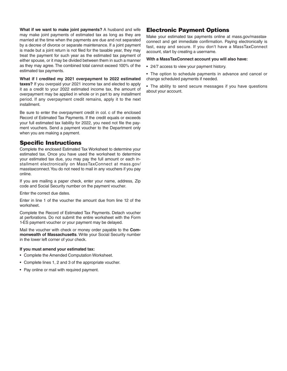 Form 1-ES Estimated Income Tax Payment Voucher - Massachusetts, Page 2