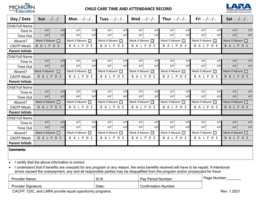 Child Care Time and Attendance Record - Michigan Download Pdf