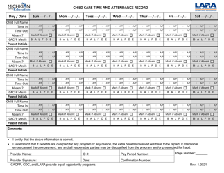 Child Care Time and Attendance Record - Michigan