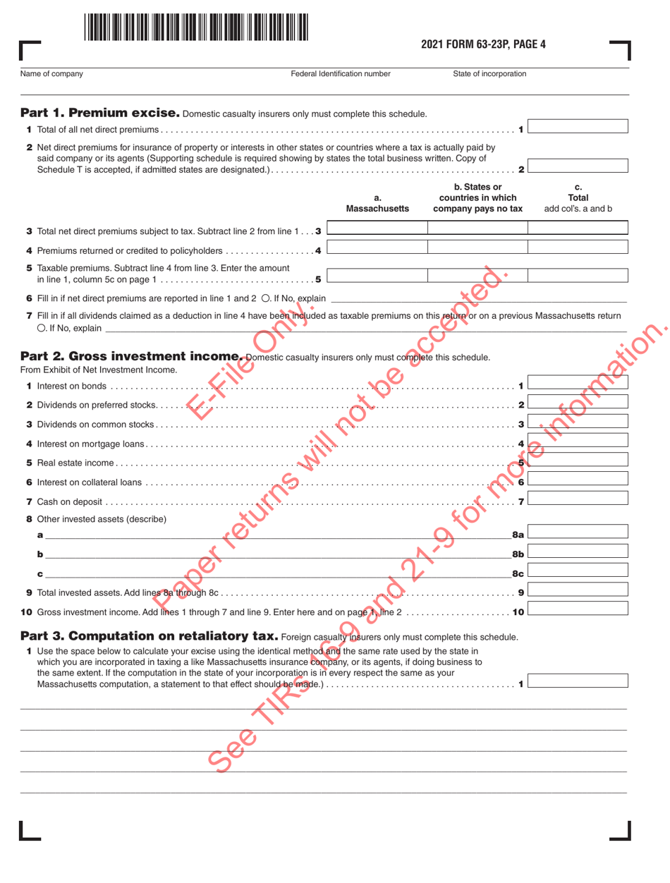 Form 63-23P Premium Excise Return for Insurance Companies - Massachusetts, Page 5