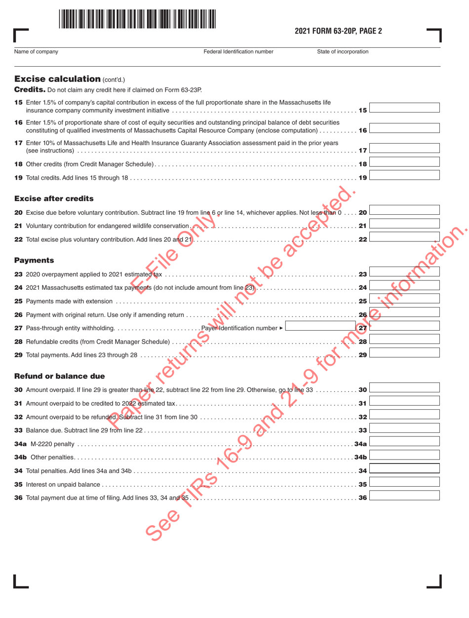 Form 63-20P Premium Excise Return for Life Insurance Companies - Massachusetts, Page 3