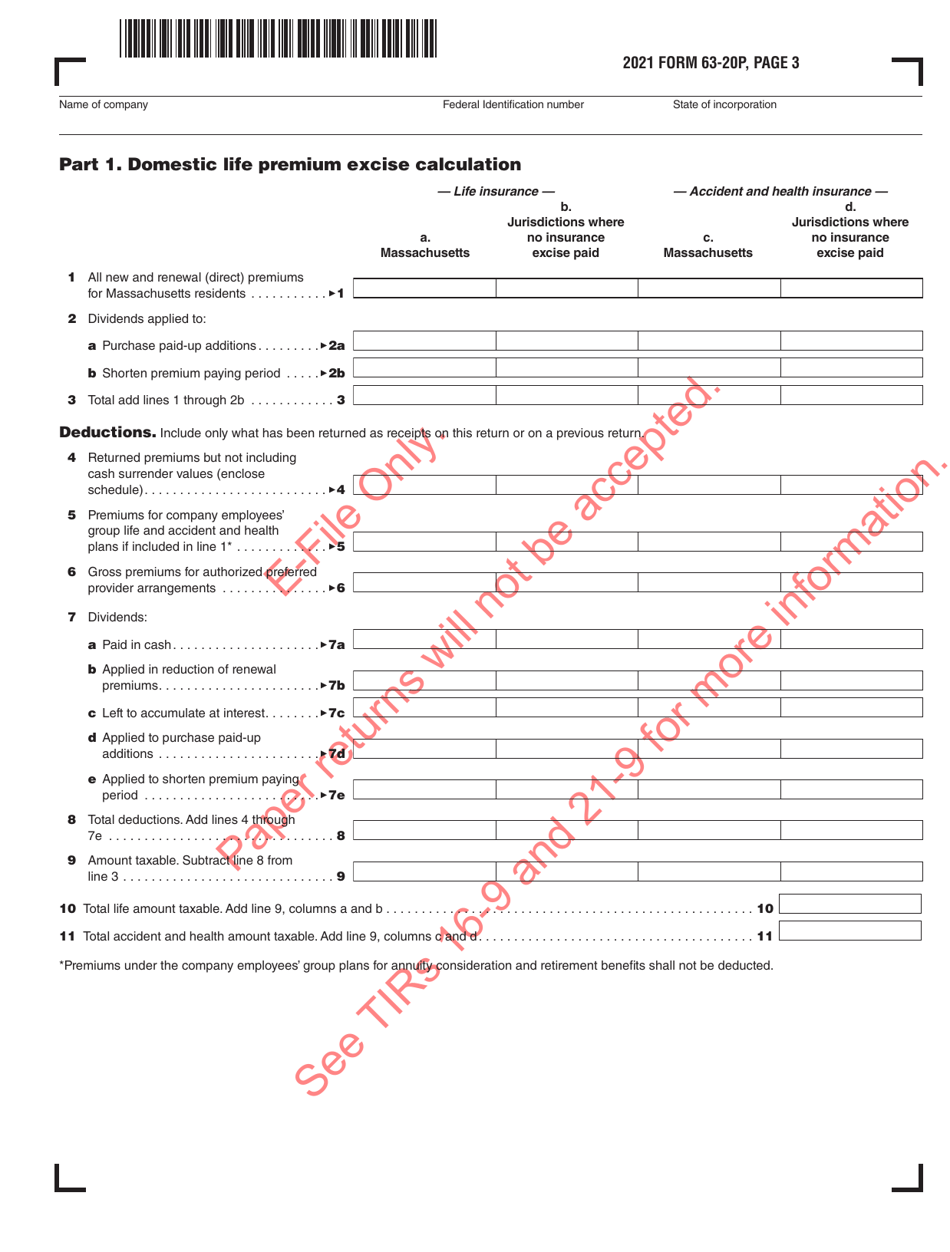 Form 63-20P Premium Excise Return for Life Insurance Companies - Massachusetts, Page 4