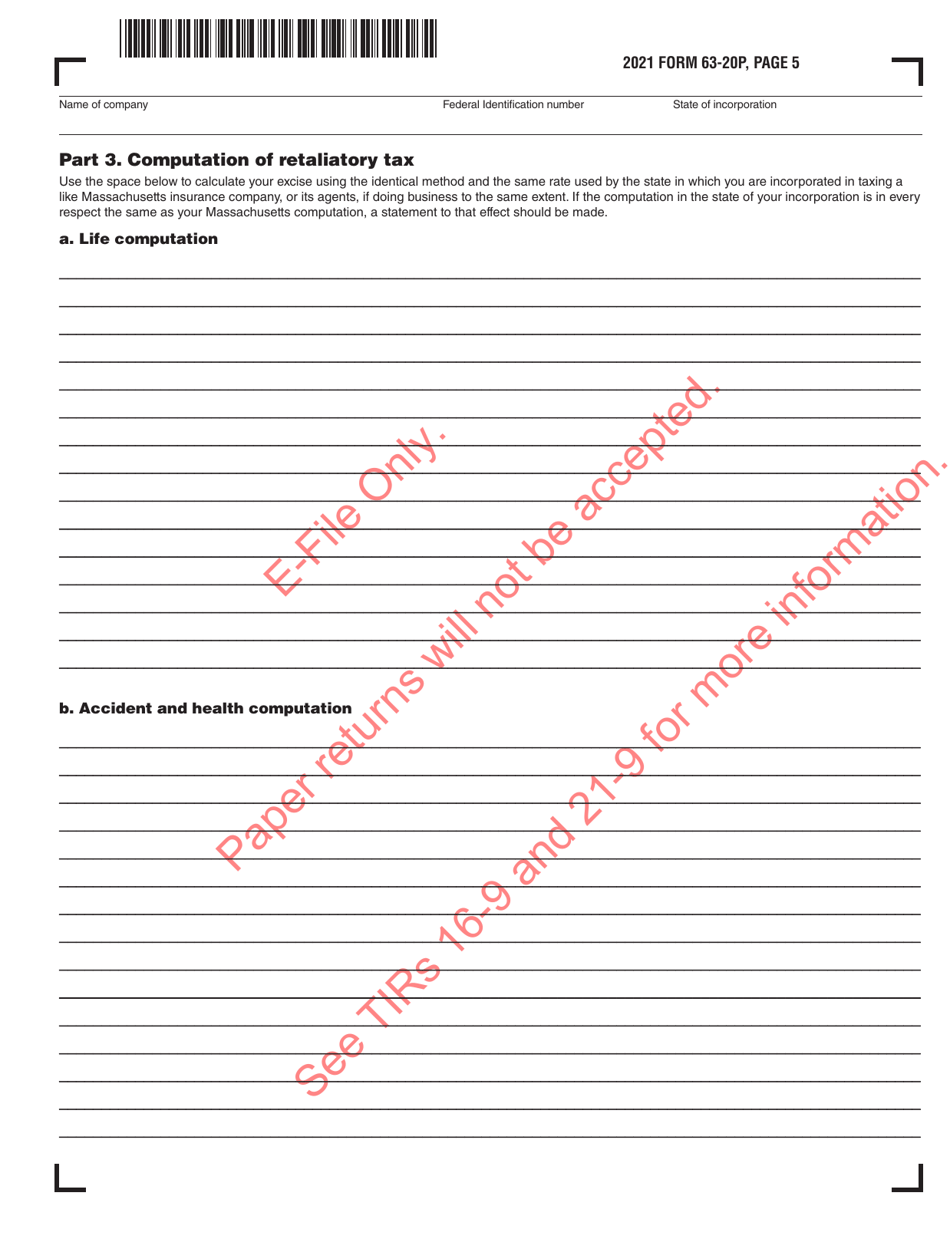 Form 63-20P Premium Excise Return for Life Insurance Companies - Massachusetts, Page 6