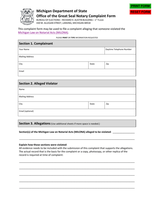 Office of the Great Seal Notary Complaint Form - Michigan Download Pdf