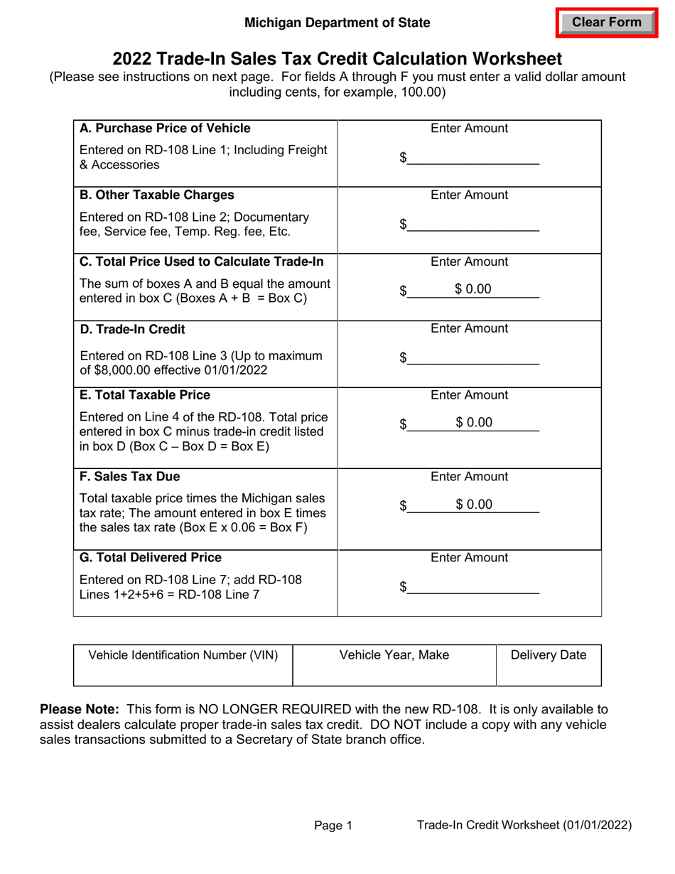 Trade-In Sales Tax Credit Calculation Worksheet - Michigan, Page 1