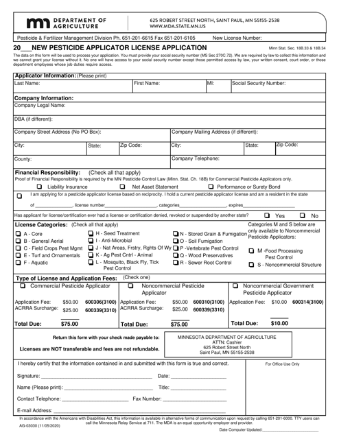 Form AG-03030 New Pesticide Applicator License Application - Minnesota