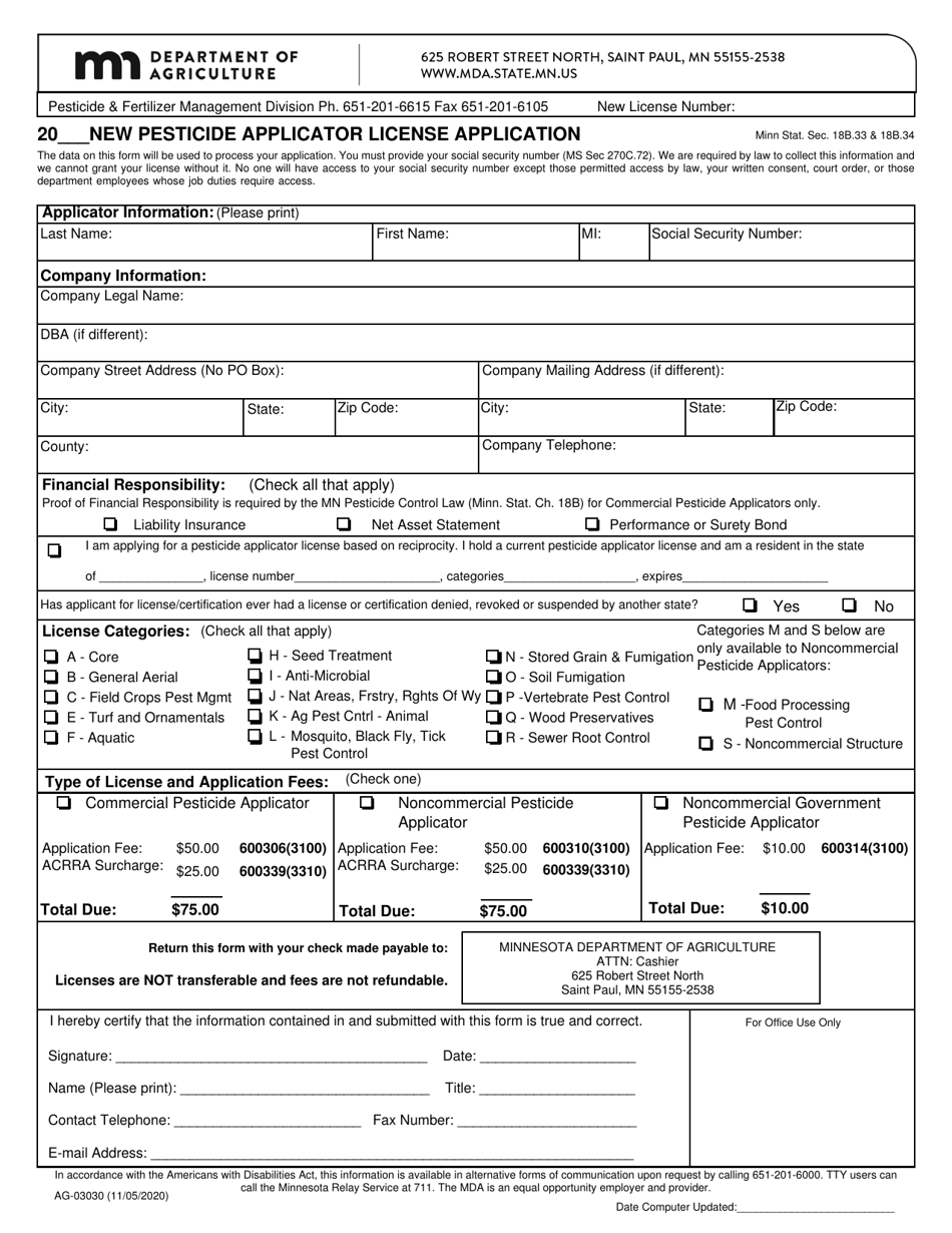 Form AG-03030 New Pesticide Applicator License Application - Minnesota, Page 1