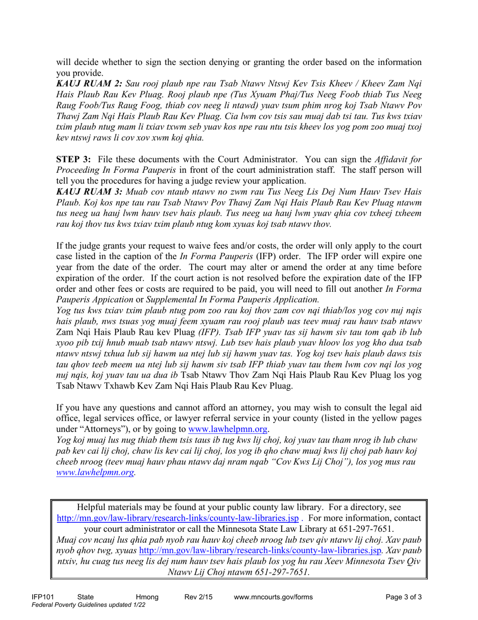 Form IFP101 Instructions - Waiver of Court Fees and Costs - Minnesota (English / Hmong), Page 3
