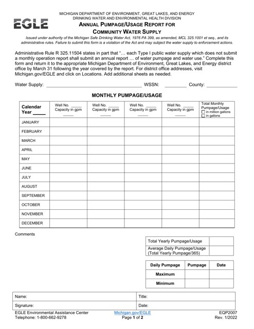 Form EQP2007 Annual Pumpage/Usage Report for Community Water Supply - Michigan