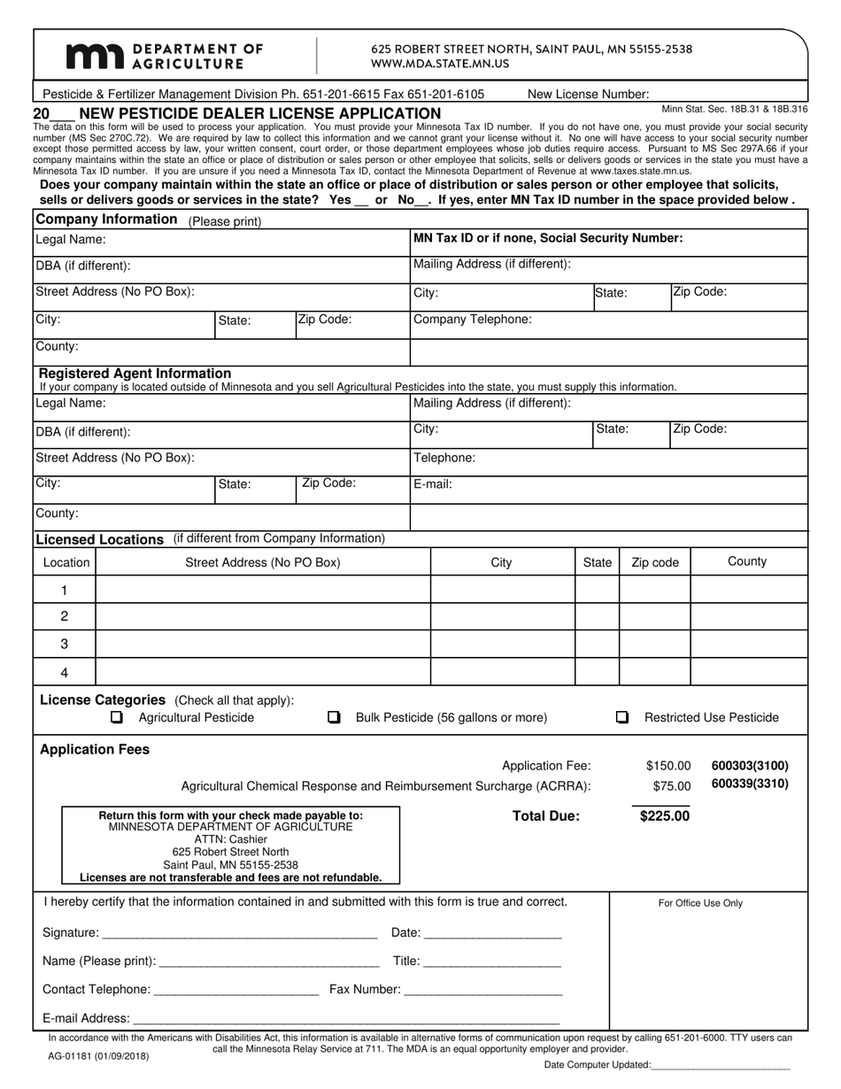 Form AG-01181 New Pesticide Dealer License Application - Minnesota, Page 1