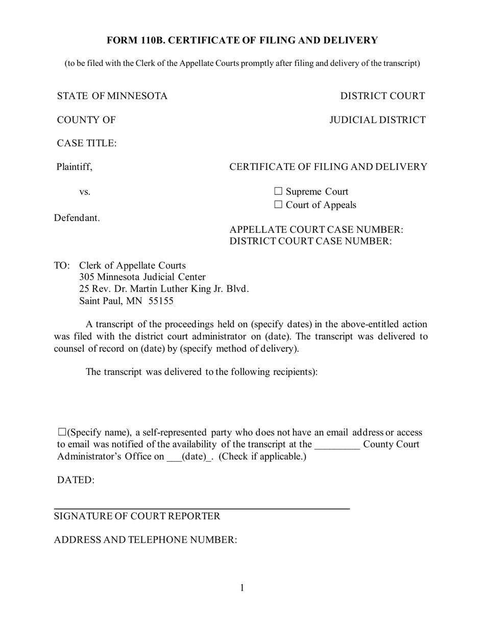 Form 110B Certificate of Filing and Delivery - Minnesota, Page 1