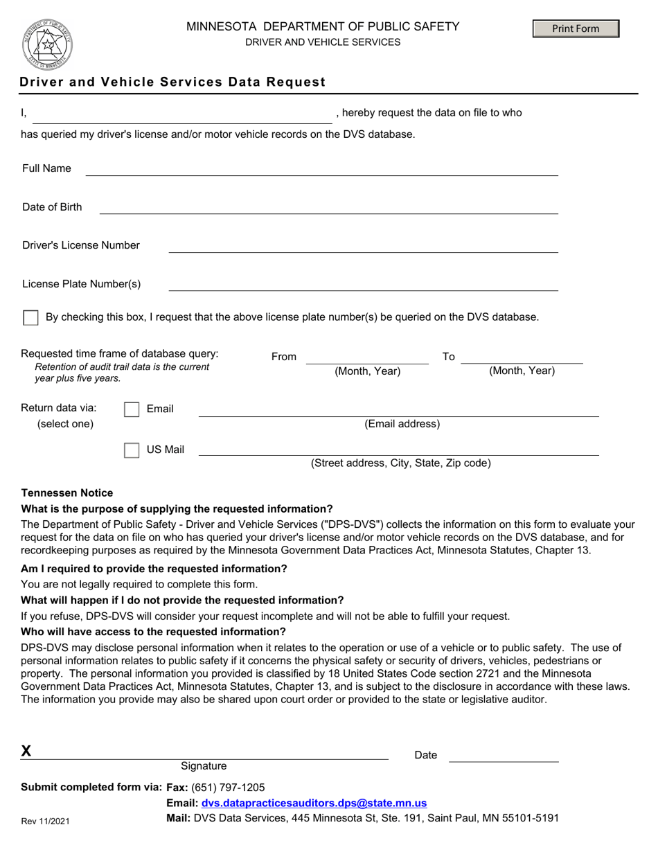 Minnesota Driver And Vehicle Services Data Request - Fill Out, Sign ...