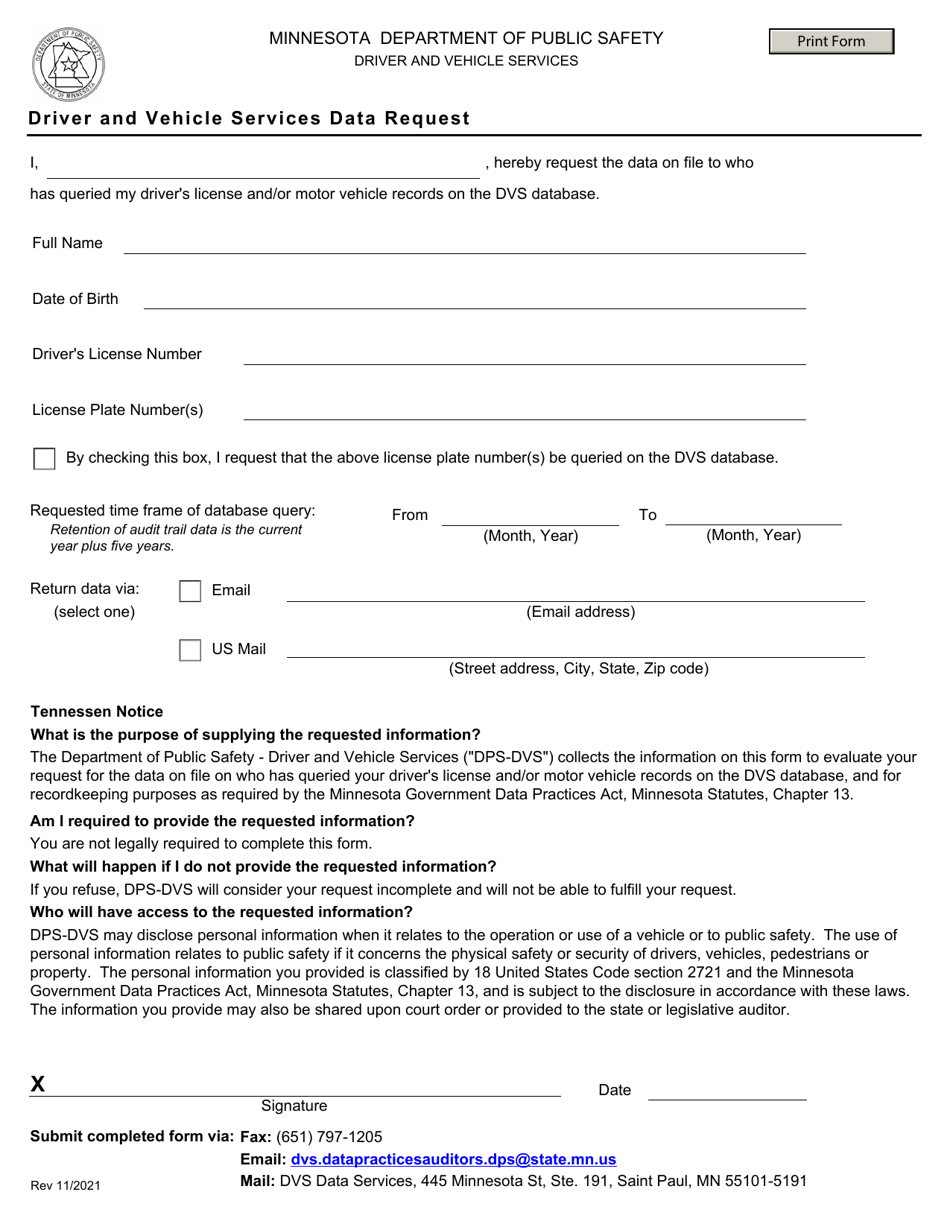 Driver and Vehicle Services Data Request - Minnesota, Page 1