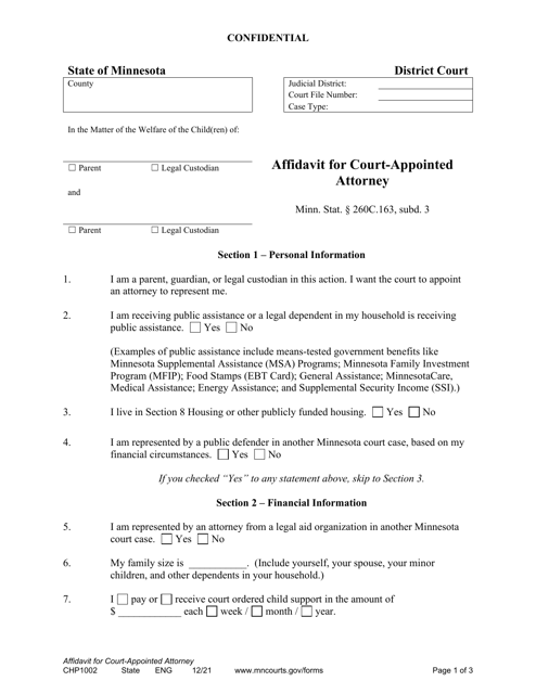 Form CHP1002 Affidavit for Court-Appointed Attorney - Minnesota