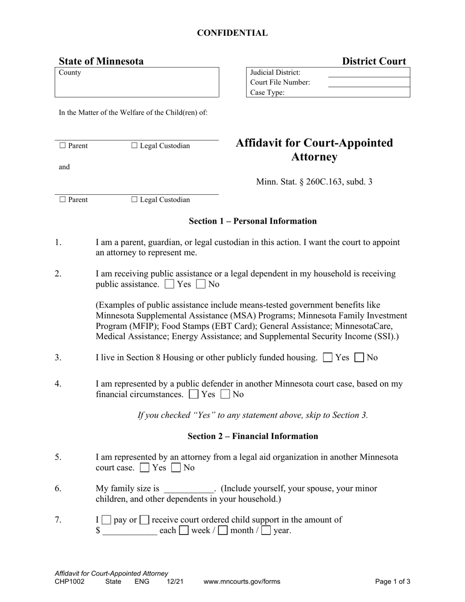 Form CHP1002 Affidavit for Court-Appointed Attorney - Minnesota, Page 1