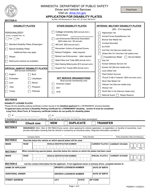 Form PS2904 Application for Disability Plates - Minnesota