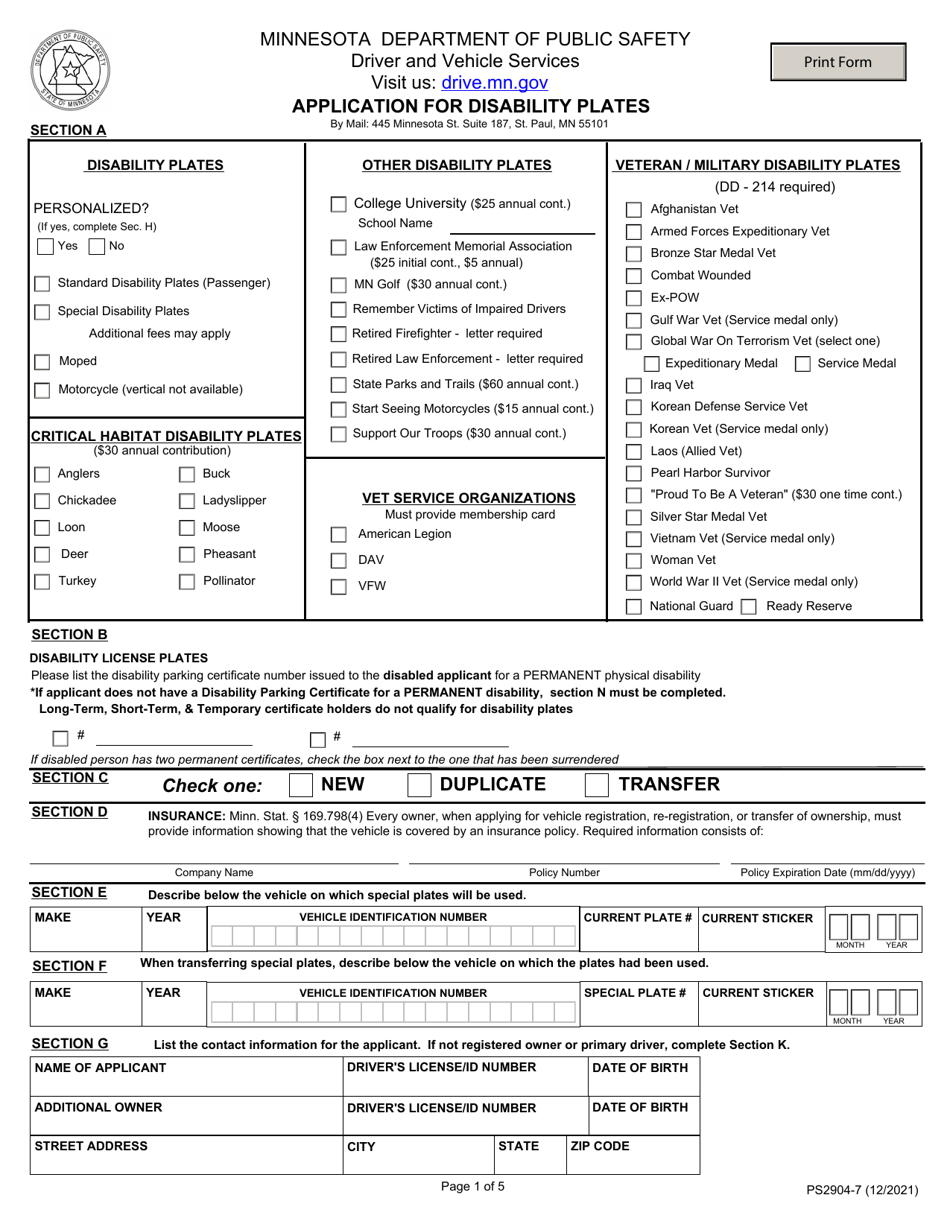 Form PS2904 Application for Disability Plates - Minnesota, Page 1