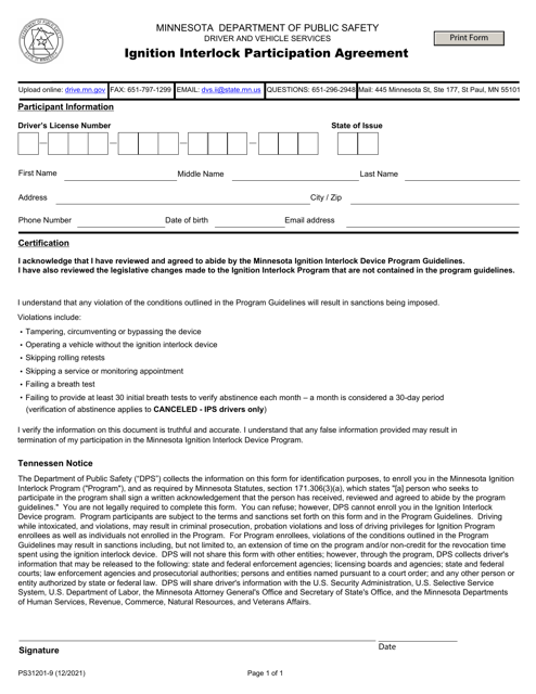 Form PS31201 Ignition Interlock Participation Agreement - Minnesota