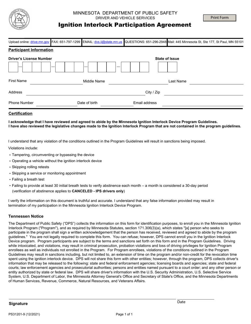 Form PS31201 Ignition Interlock Participation Agreement - Minnesota, Page 1
