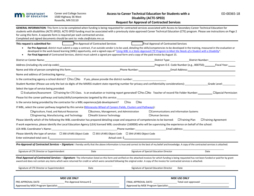Form ED-00365-18 Access to Career Technical Education for Students With a Disability (Acte-Sped) Request for Approval of Contracted Services - Minnesota
