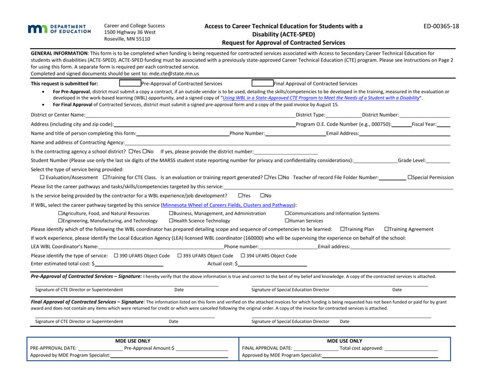 Form ED-00365-18 Access to Career Technical Education for Students With a Disability (Acte-Sped) Request for Approval of Contracted Services - Minnesota, Page 1