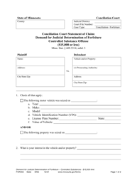 Form FOR302 Conciliation Court Statement of Claim: Demand for Judicial Determination of Forfeiture (Controlled Substance Offense) ($15,000 or Less) - Minnesota