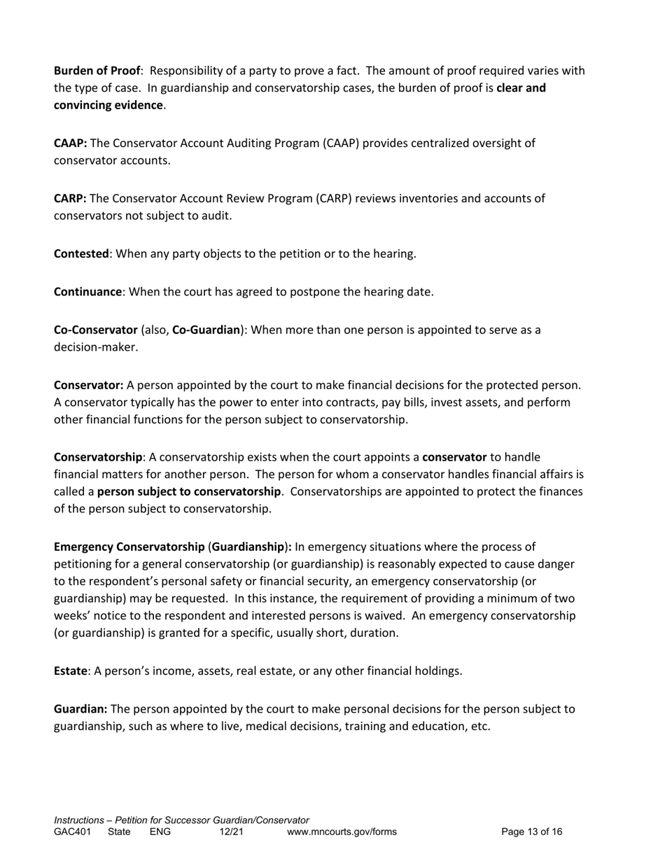 Form GAC401 Instructions - Petition for Successor Guardian / Conservator - Minnesota, Page 13
