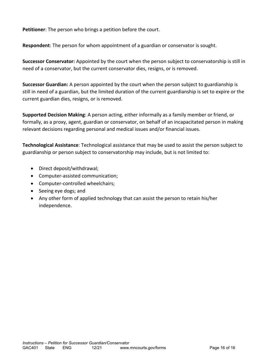 Form GAC401 Instructions - Petition for Successor Guardian / Conservator - Minnesota, Page 16