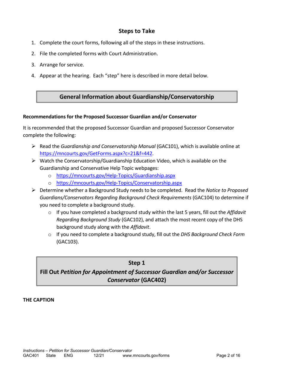 Form GAC401 Instructions - Petition for Successor Guardian / Conservator - Minnesota, Page 2