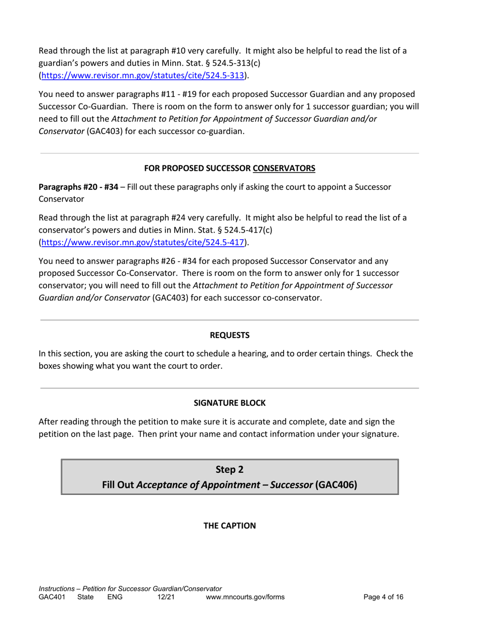 Form GAC401 Instructions - Petition for Successor Guardian / Conservator - Minnesota, Page 4