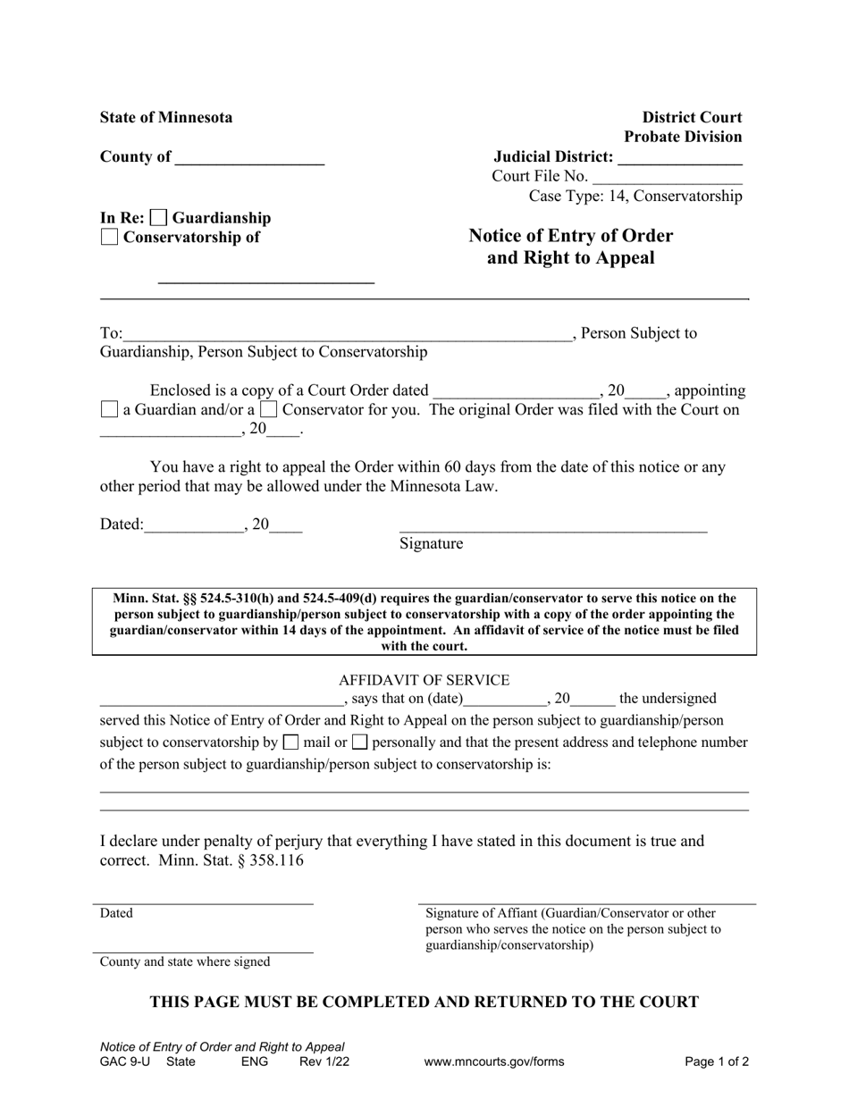 Form GAC9-U Notice of Entry of Order and Right to Appeal - Minnesota, Page 1