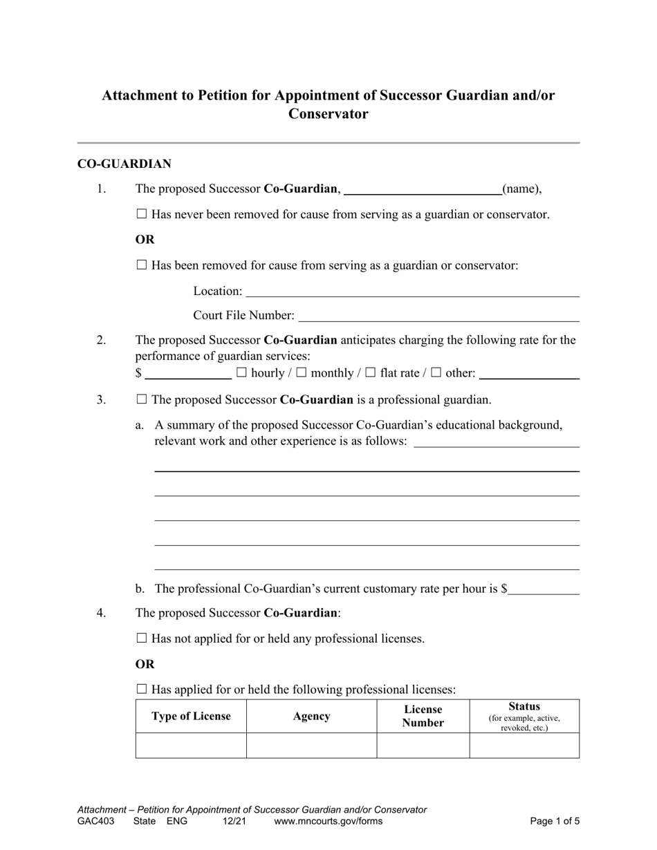 Form GAC403 Attachment to Petition for Appointment of Successor Guardian and / or Conservator - Minnesota, Page 1