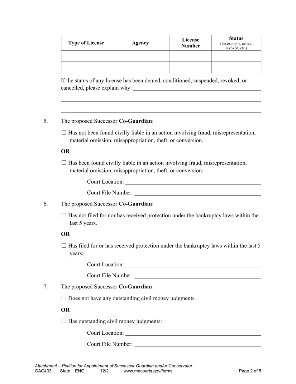 Form GAC403 Attachment to Petition for Appointment of Successor Guardian and / or Conservator - Minnesota, Page 2