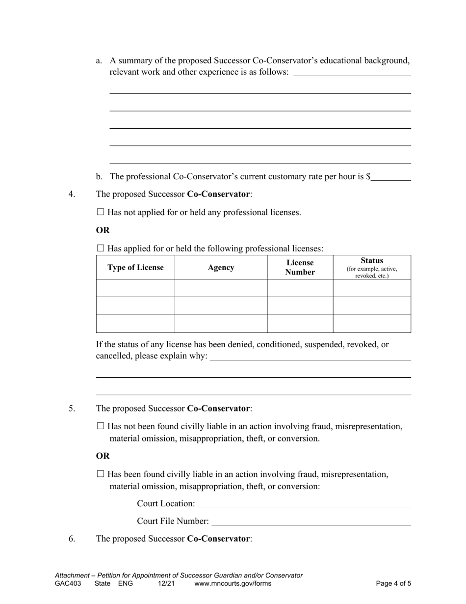 Form GAC403 Attachment to Petition for Appointment of Successor Guardian and / or Conservator - Minnesota, Page 4
