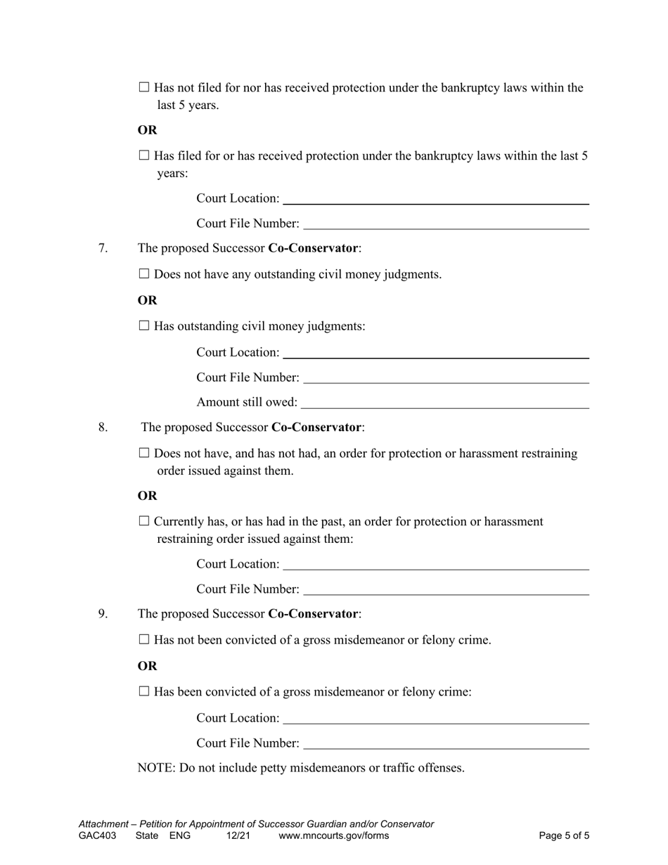 Form GAC403 Attachment to Petition for Appointment of Successor Guardian and / or Conservator - Minnesota, Page 5