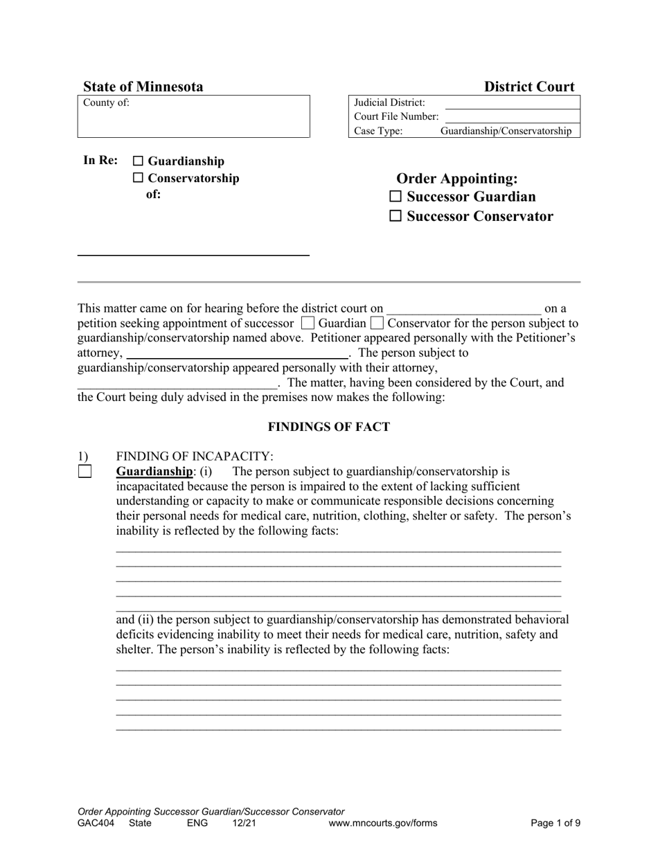 Form GAC404 Order Appointing Successor Guardian / Successor Conservator - Minnesota, Page 1