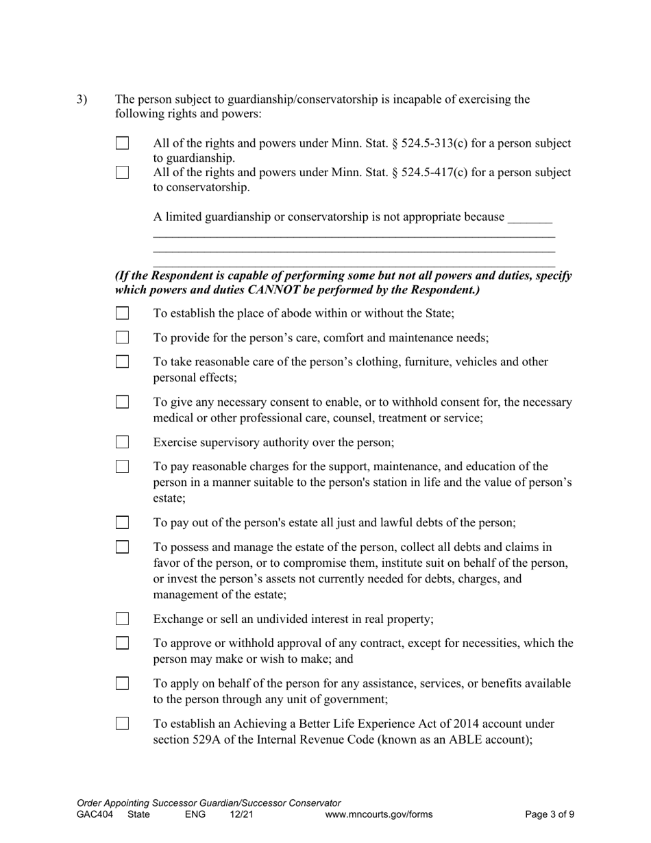 Form GAC404 Order Appointing Successor Guardian / Successor Conservator - Minnesota, Page 3