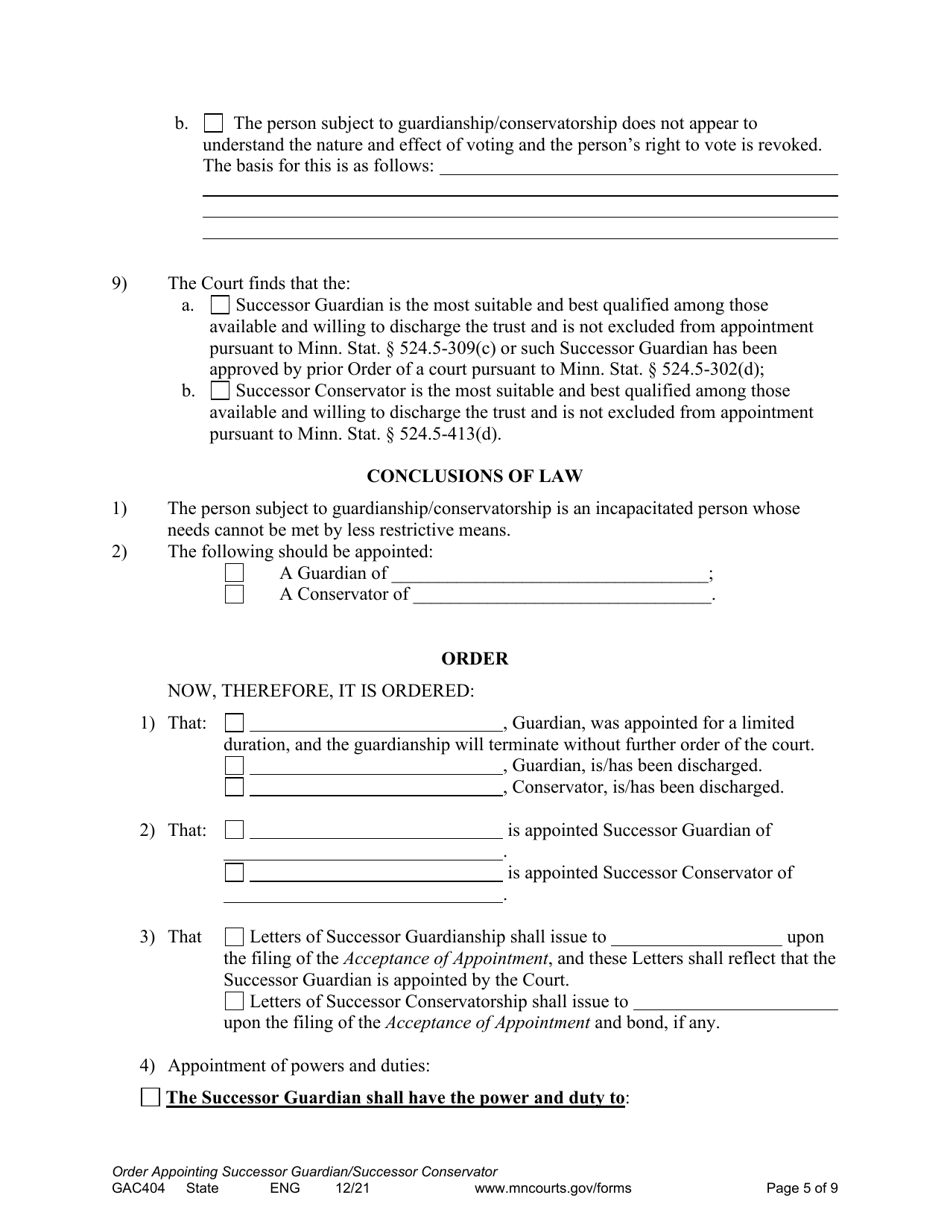Form GAC404 Order Appointing Successor Guardian / Successor Conservator - Minnesota, Page 5