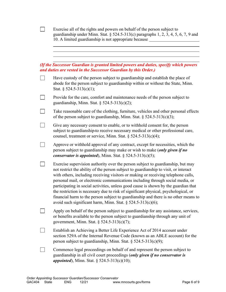Form GAC404 Order Appointing Successor Guardian / Successor Conservator - Minnesota, Page 6