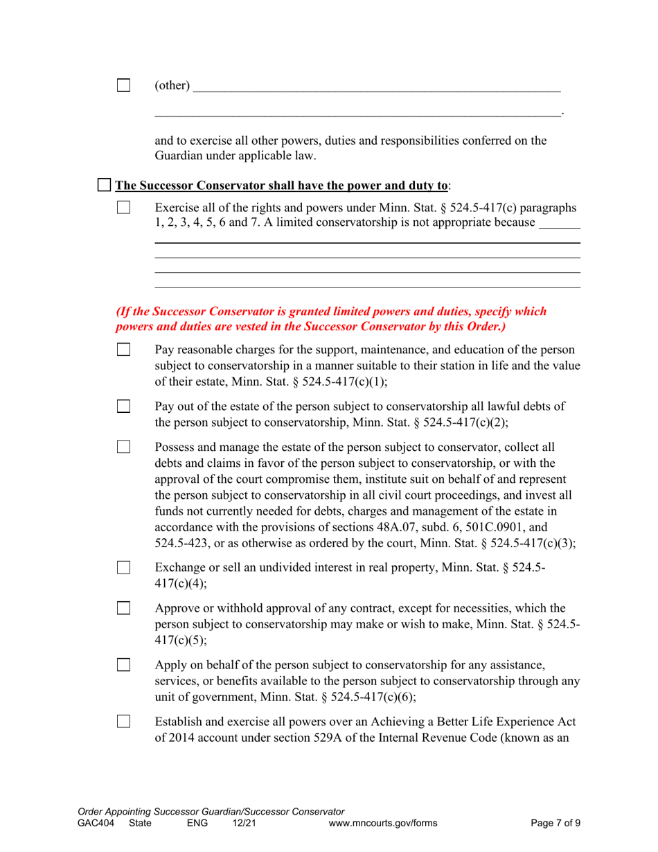 Form GAC404 Order Appointing Successor Guardian / Successor Conservator - Minnesota, Page 7