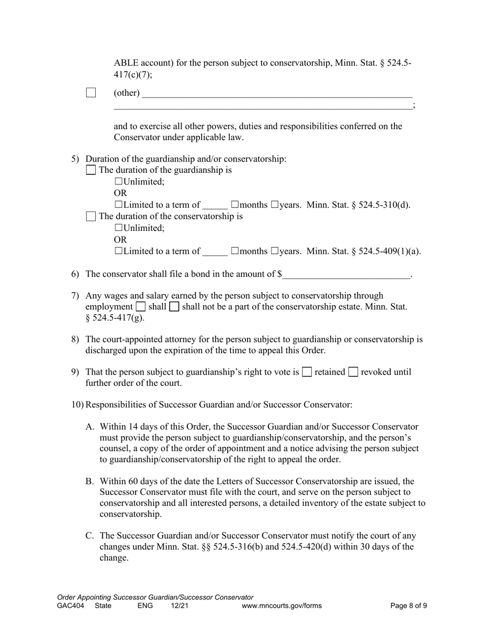 Form GAC404 Order Appointing Successor Guardian / Successor Conservator - Minnesota, Page 8