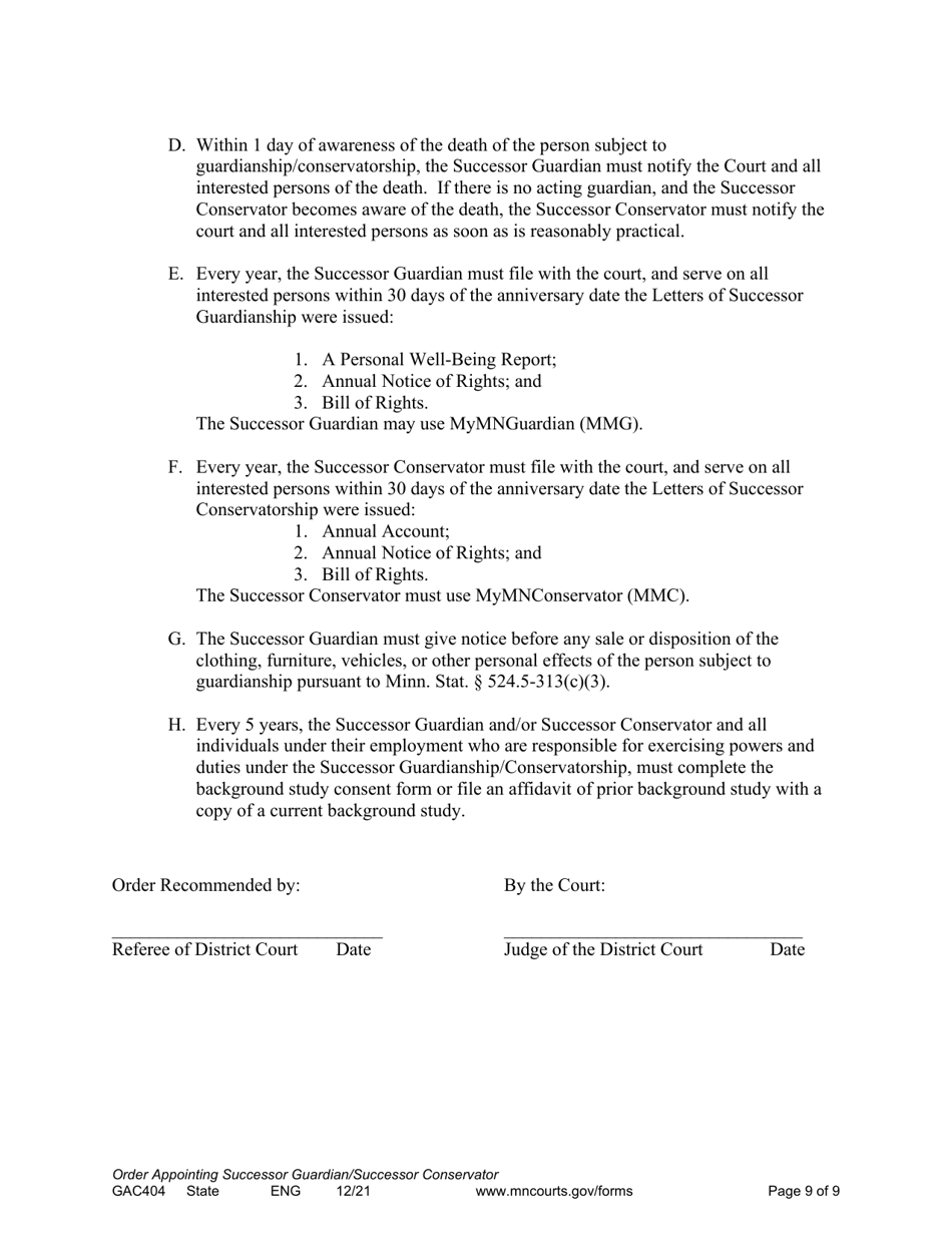 Form GAC404 Order Appointing Successor Guardian / Successor Conservator - Minnesota, Page 9